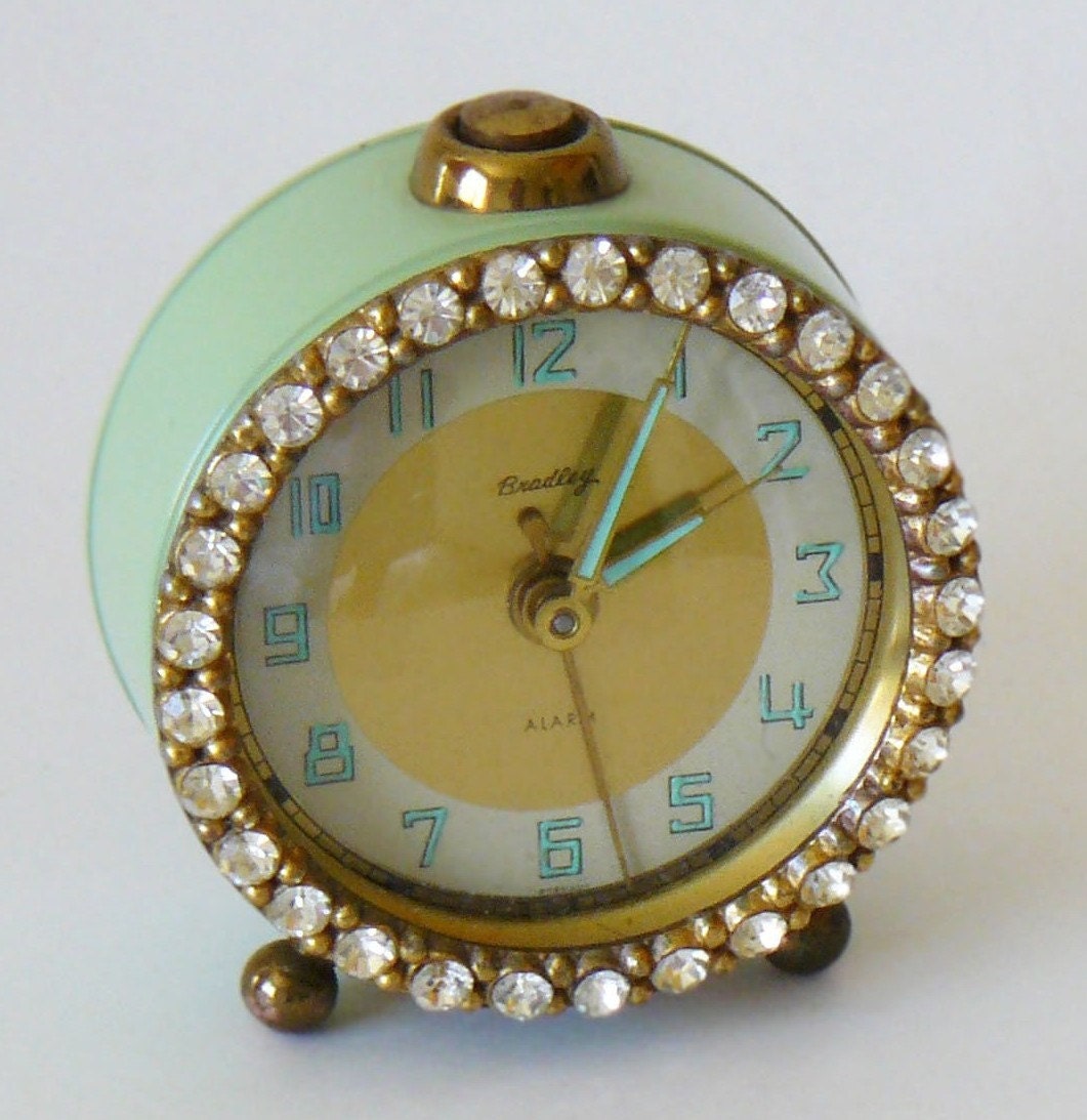 Vintage Jadeite Green Bradley Rhinestone Alarm Clock