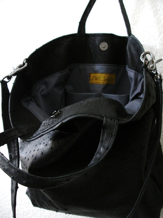 Large Black GENUINE Ostrich leather Tote Bag Leather shoulder