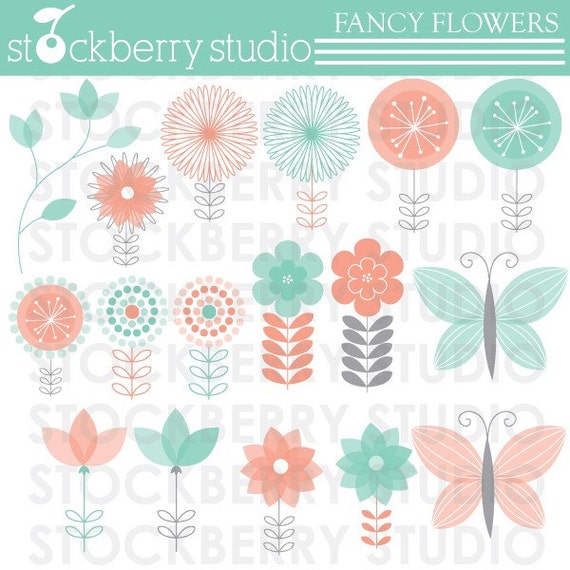 Fancy Flowers Personal and Commerical Use Clipart Set Il_570xn