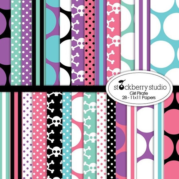 Girl Pirate Digital Scrapbooking Paper Pack Il_570xn