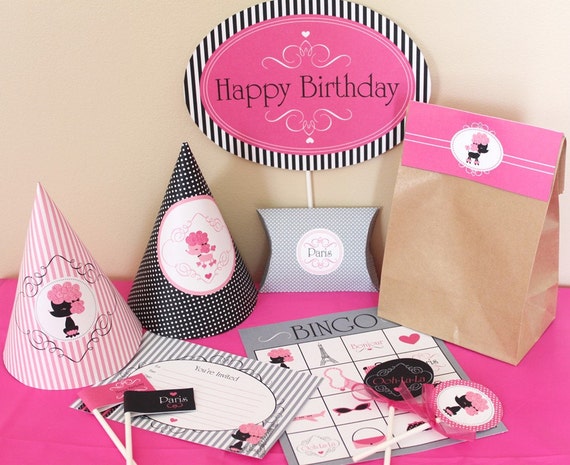 Paris Poodle Birthday Printable Party Package - Hot Pink - INSTANT DOWNLOAD Il_570xn