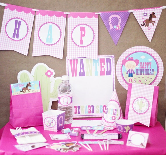 Cowgirl Birthday Party Decorations Printable - Pink Birthday Decorations - Instant Download - Western Birthday Party - Girl 1st Birthday Il_570xn