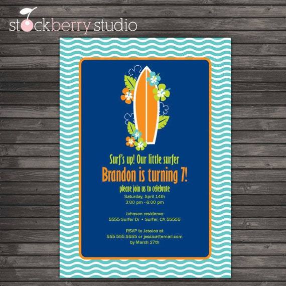 Navy Blue and Aqua Surfer Printable Invitation party 5x7 invitation Il_570xn