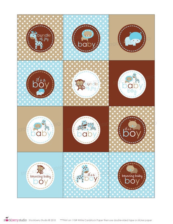 Boy Baby Shower Favors Printable - Jungle Animals Blue Baby Shower Favor Tags - Instant Download - Brown Blue Baby Shower Cupcake Toppers Il_570xn