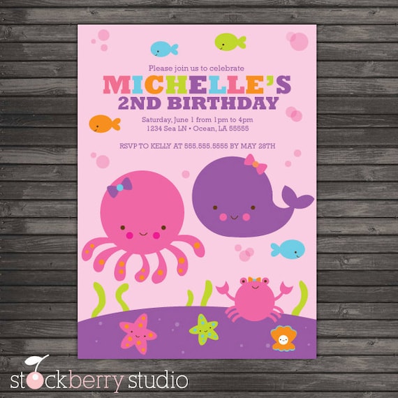 Under the Pink Sea Printable Photo Birthday Party Invitation party 5x7 invitation Il_570xn