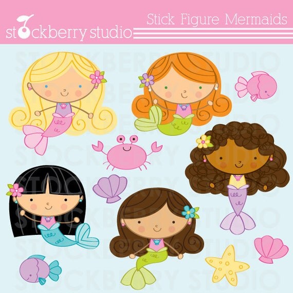 Stick Figure Mermaids Personal and Commerical Use Clipart Set - Instant Download Il_570xn