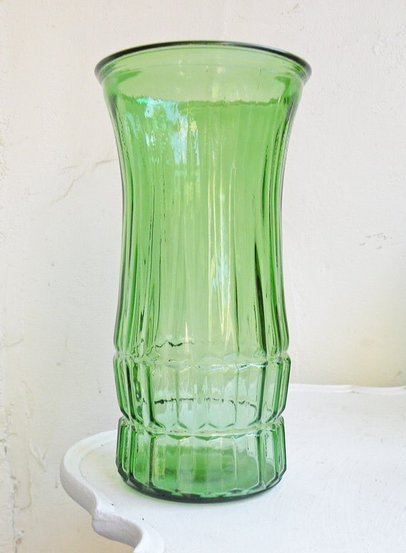 Three Vintage Green Glass Flower Vases Large Faceted Glass
