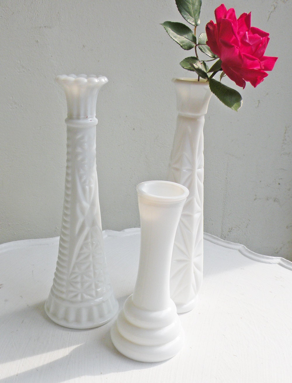 Vintage Milk Glass Vases Collection Set Of Three White Bud