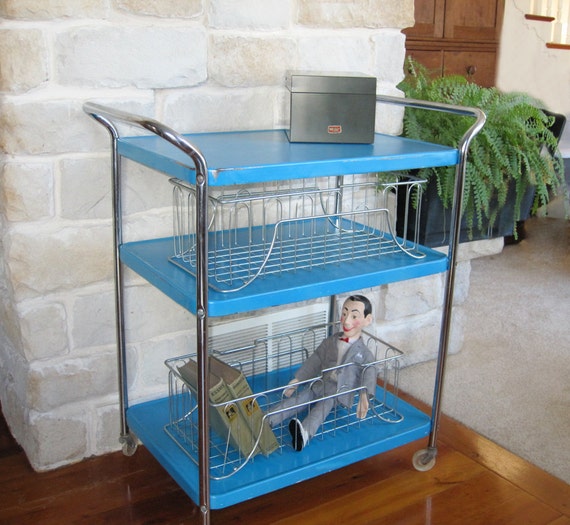 Mid Century Kitchen Cart Blue Chrome Metal Rolling Storage