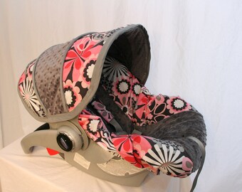 Pink & Gray floral Infant car seat cover, girl baby seat cover, baby custom car seat cover - FREE reversible strap covers- Made to order