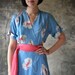 1940's Asian Inspired Powder Blue Poppy Print Wrap Dress