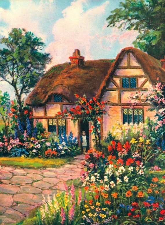 LOVELY THATCHED ROOF COTTAGE AND ENGLISH GARDEN VINTAGE ART