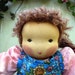 Blossom Waldorf Doll with Pink Floral Dress and Blue Sunflower and Honey Bee Floral Print Pinafore 12 inch