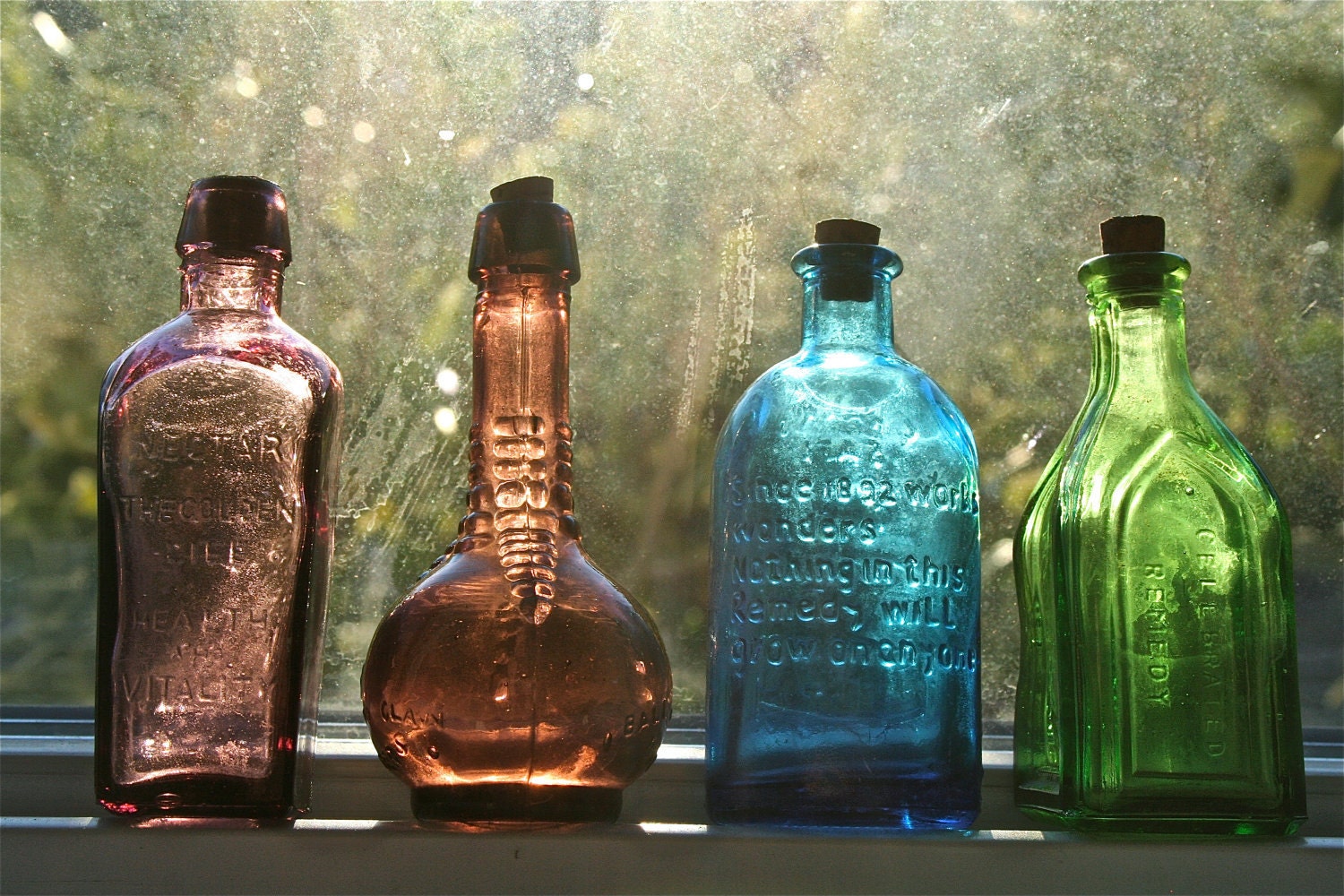 Vintage Colored Glass Potion / Medicine Bottles