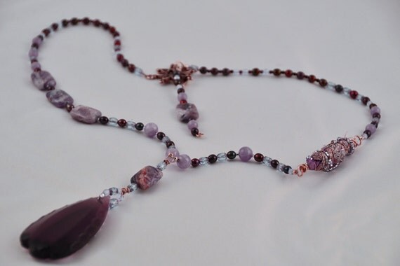 Purple Necklace Etched Glass Teardrop Purple Glass Pendant