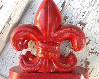 Business Card Holder / Fleur De Lis / Vintage Inspired / In Rustic Country Red / Bright Cast Iron - Distressed-December Trends