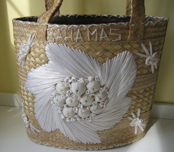 Vintage Straw Beach Bag from the Bahamas by SwanVintageFinds