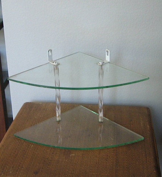 Vintage Glass Corner Shelf with Lucite Pillars