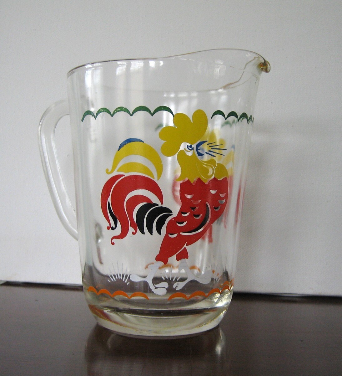 Vintage Glass Water Pitcher with Rooster Serving Home Decor