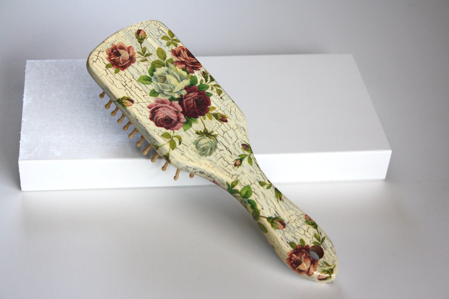 Romantic roses wooden hair brush decoupage crackle by CatHot