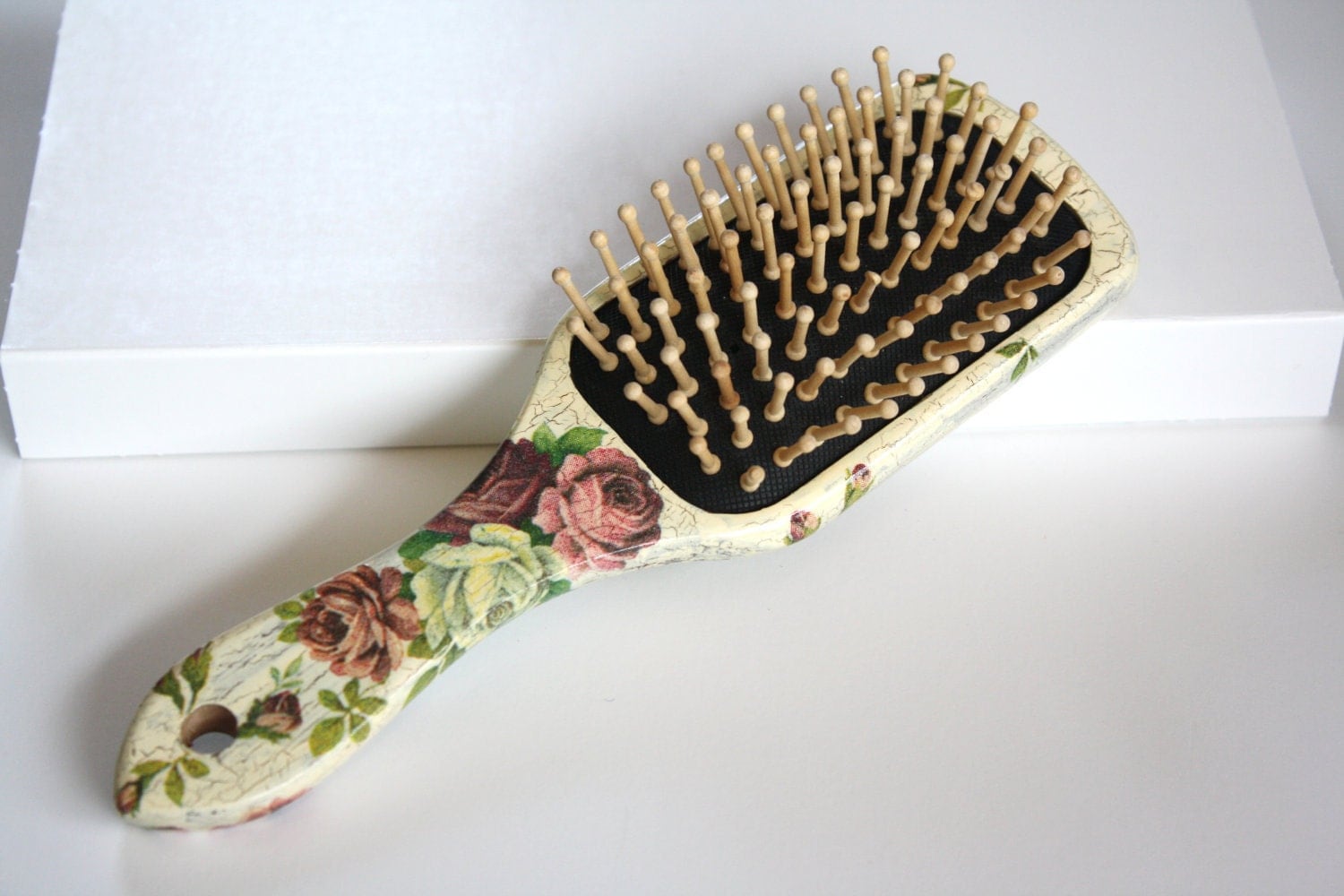 Romantic roses wooden hair brush decoupage crackle by CatHot