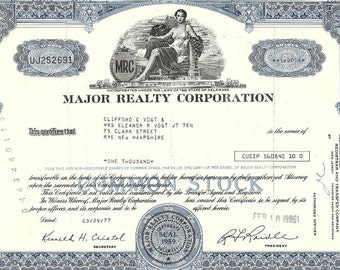 Major Realty Corporation Vintage Stock Certificate,1960-80's