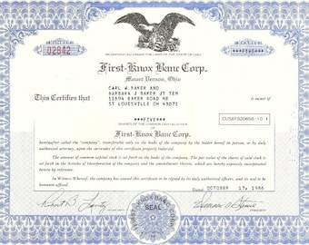 First-Knox Banc Corp Vintage Original Stock Certificate, 1980's