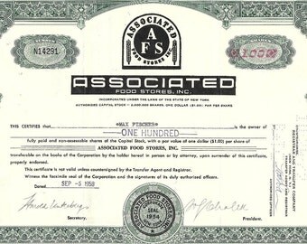 Associated Food Stores Vintage Original Stock Certificate, 1950's