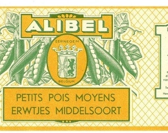 Alibel Belgium Petits Pois (Peas) Vintage Can Label, 1940s