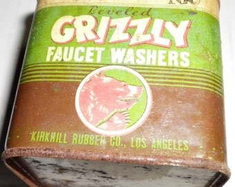 Grizzly Faucet Washer Vintage Tin, 1950s (empty)