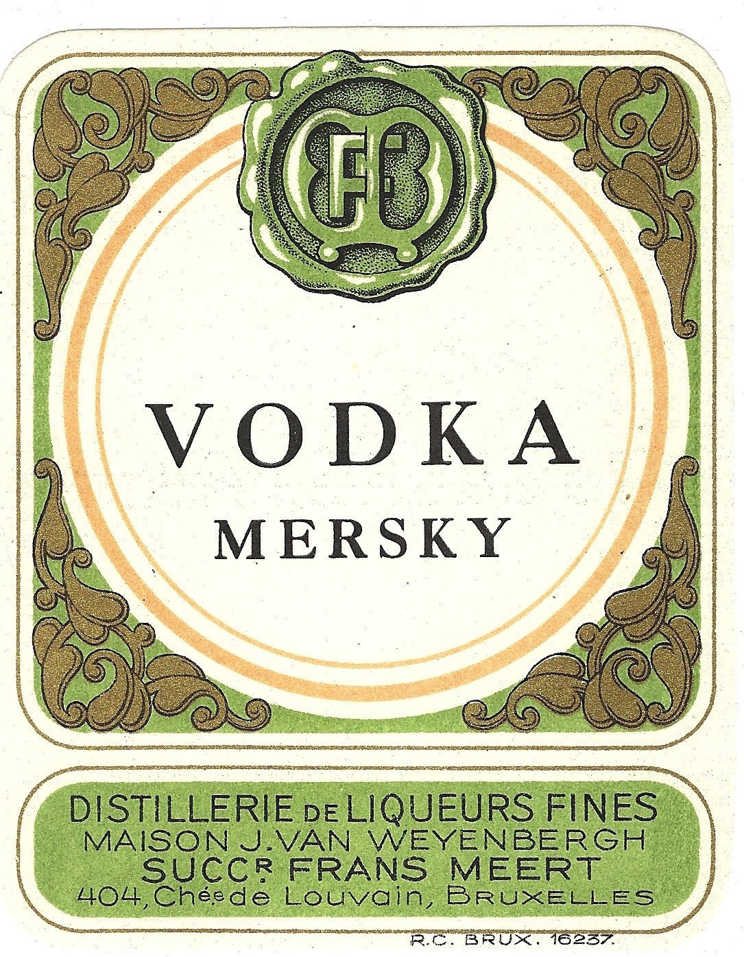 Vodka Mersky Bruxelles Vintage Alcohol Label 1950s