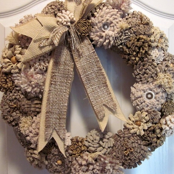 fabric flowers wreath shabby chic in cream and tan fabric flowers wreath shabby chic in cream and tan