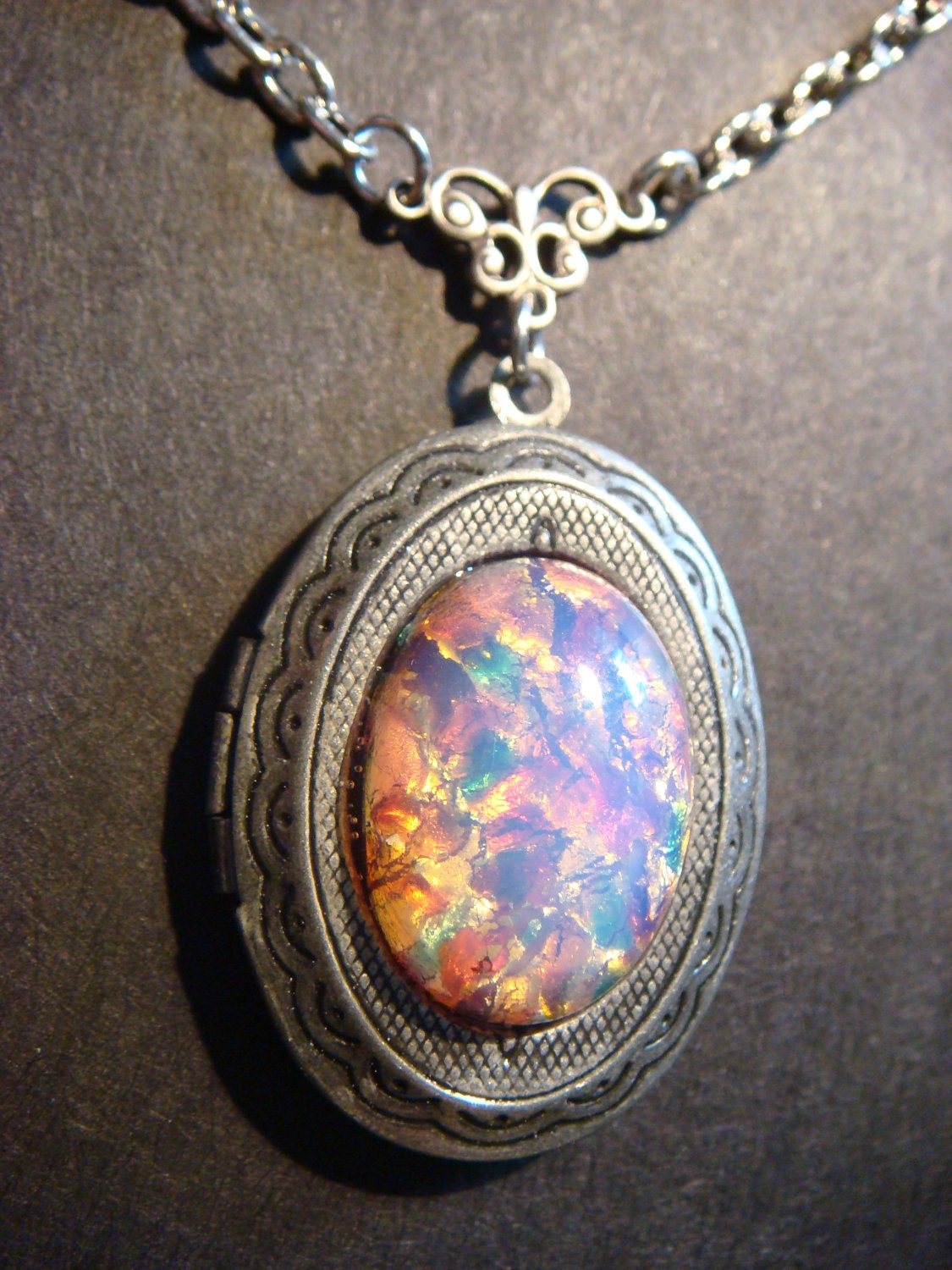 Victorian Style Fire Opal Locket Necklace in Antique Silver