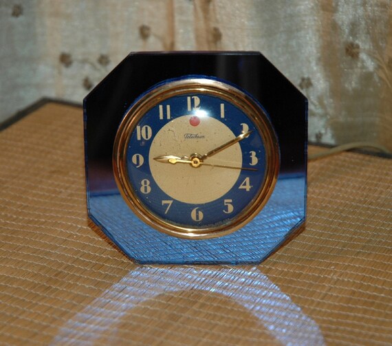 Telechron Art Deco Desk Clock with Blue Mirrored Glass Front