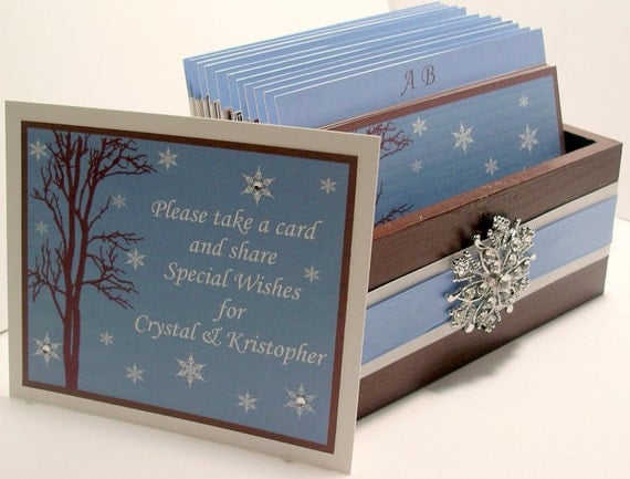 Winter Wedding Guest Book Box Set w/Snowflake Rhinestone Brooch - Chocolate, Ice Blue and White