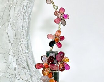 Watermelon Tourmaline, Sapphire, Silver, OOAK Flowers, Statement Necklace
