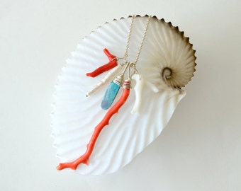 Australian Boulder Opal, Red Coral, Ivory White Coral, Pearl, Sterling Silver Necklace