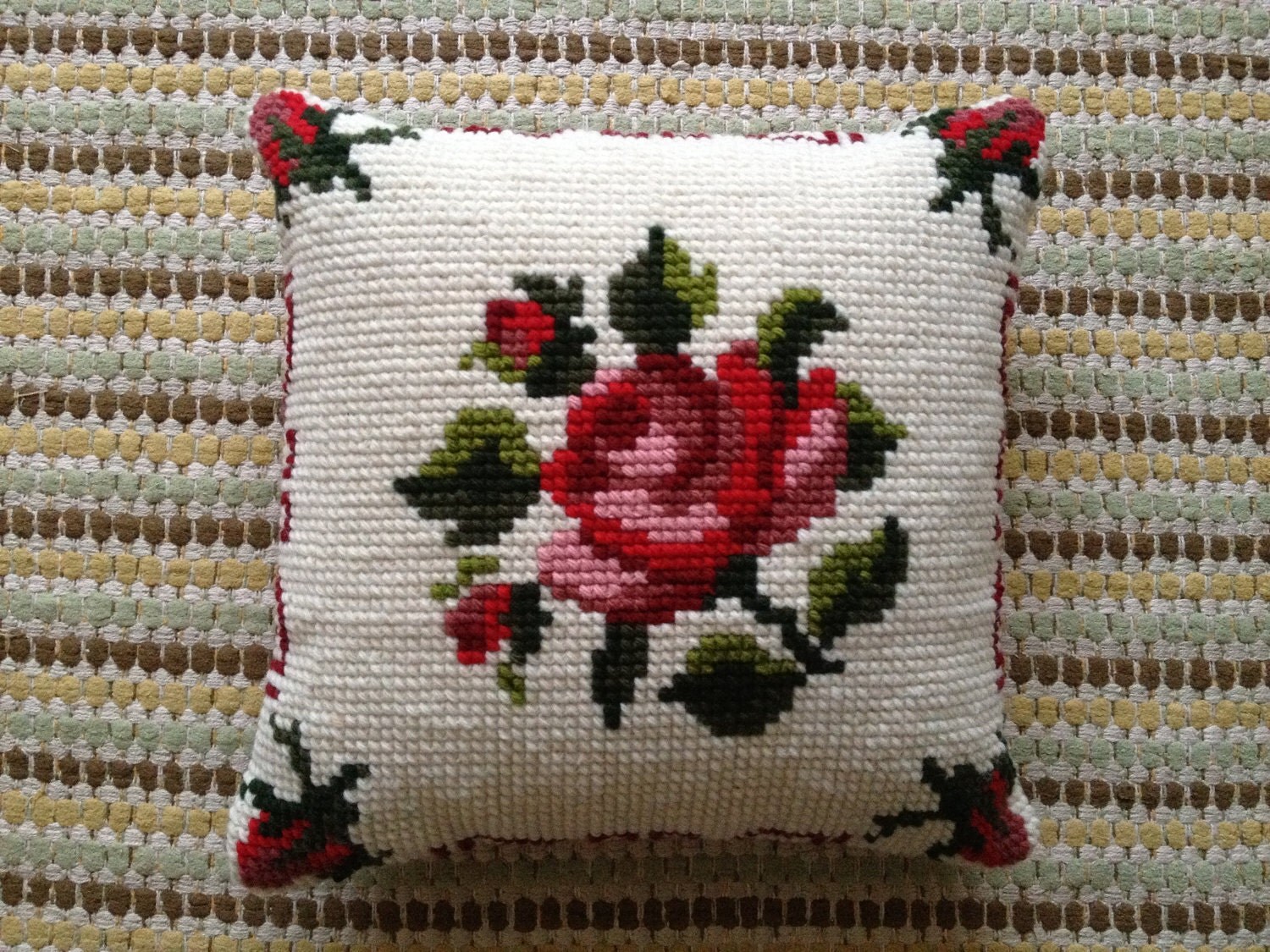 Wool cross stitch Tapestry rose pillow / cushion