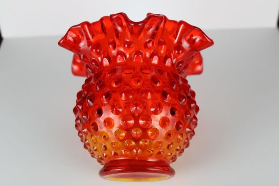 Rare Fenton Red Carnival Glass Amberina Hobnail Vase With