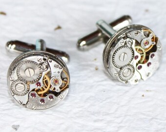 Wedding Gift for Him - Men Steampunk Cufflinks Rare Silver Watch Movement Men Steampunk Watch Cufflinks Groom Gift Men Wedding Gift for Him