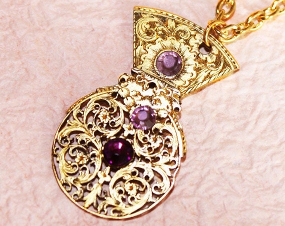 Steampunk Necklace - Highly Ornate 1760-1830 English Antique Pocket Watch Gold Hand-Pierced VERGE FUSEE & Amethyst Swarovski Birthday Gift by TimeInFantasy steampunk buy now online Steampunk Necklace - Highly Ornate 1760-1830 English Antique Pocket Watch Gold Hand-Pierced VERGE FUSEE & Amethyst Swarovski Birthday Gift by TimeInFantasy steampunk buy now online