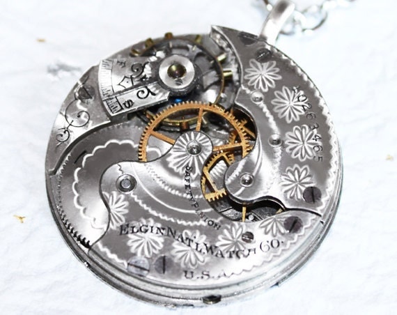 Steampunk Necklace Jewelry - MAGNIFICENT 115 yrs old Flower GUILLOCHE ETCHED Elgin Antique Pocket Watch Movement - Steampunk Necklace Gift by TimeInFantasy steampunk buy now online