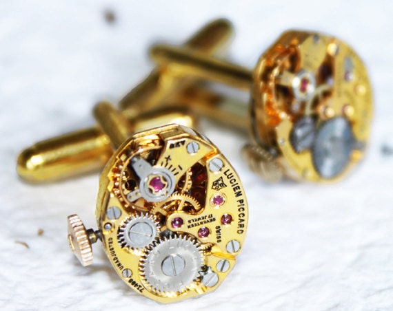 Luxury Steampunk Cufflinks: RARE Prestigious Gold Genuine LUCIEN PICCARD Swiss Watch Movement Men Steampunk Cufflinks Wedding Gift by TimeInFantasy steampunk buy now online