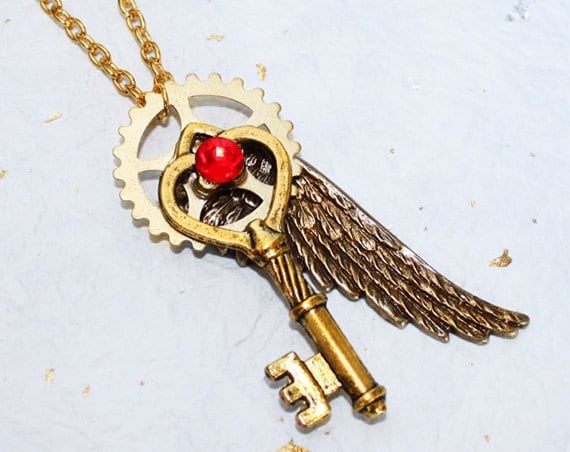 Steampunk Necklace - Gold Wing Gear Heart Key Steampunk Necklace - Red Siam Swarovski Crystal - Wedding Christmas Gift for Couple by TimeInFantasy steampunk buy now online
