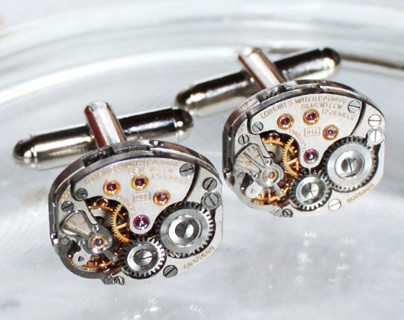 LONGINES Steampunk Cufflinks - Luxury Swiss Silver Vintage Watch Movement - MATCHING Men Steampunk Cufflinks / Cuff Links - Wedding Gift