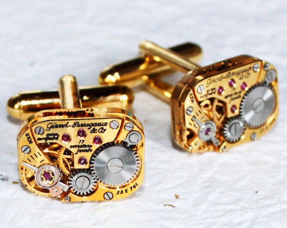 GIRARD PERREGAUX Steampunk Cufflinks - RARE Luxury Swiss Gold Vintage Watch Movement - Matching Men Steampunk Cufflinks / Cuff Links Gift