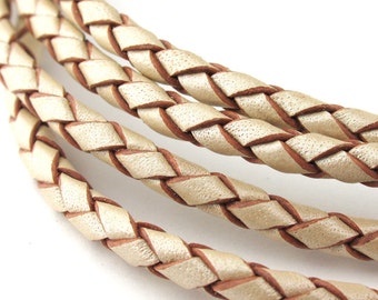 LBOLO0340623) 4.0mm Pearl Metallic Genuine Braided Bolo Leather Cord. 1 meter, 3 meters, 5 meters, 11.7 meters. Length Available.
