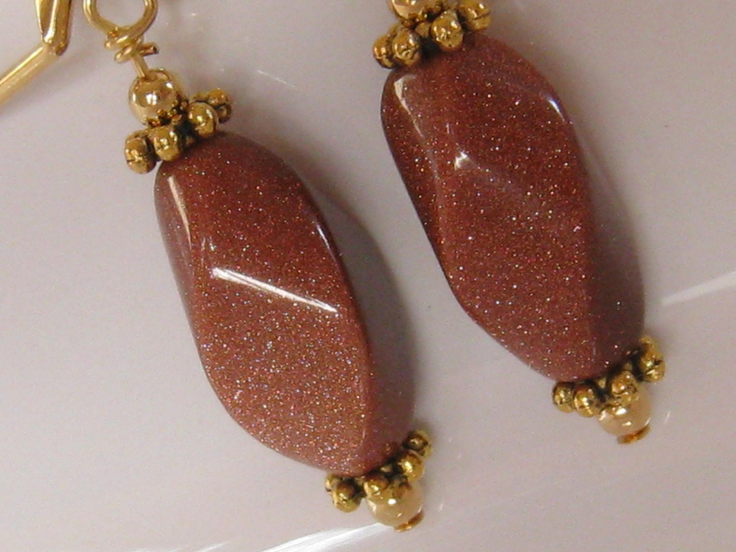 Beaded Stone Earrings Twisted Brown Goldstone Earrings Gold