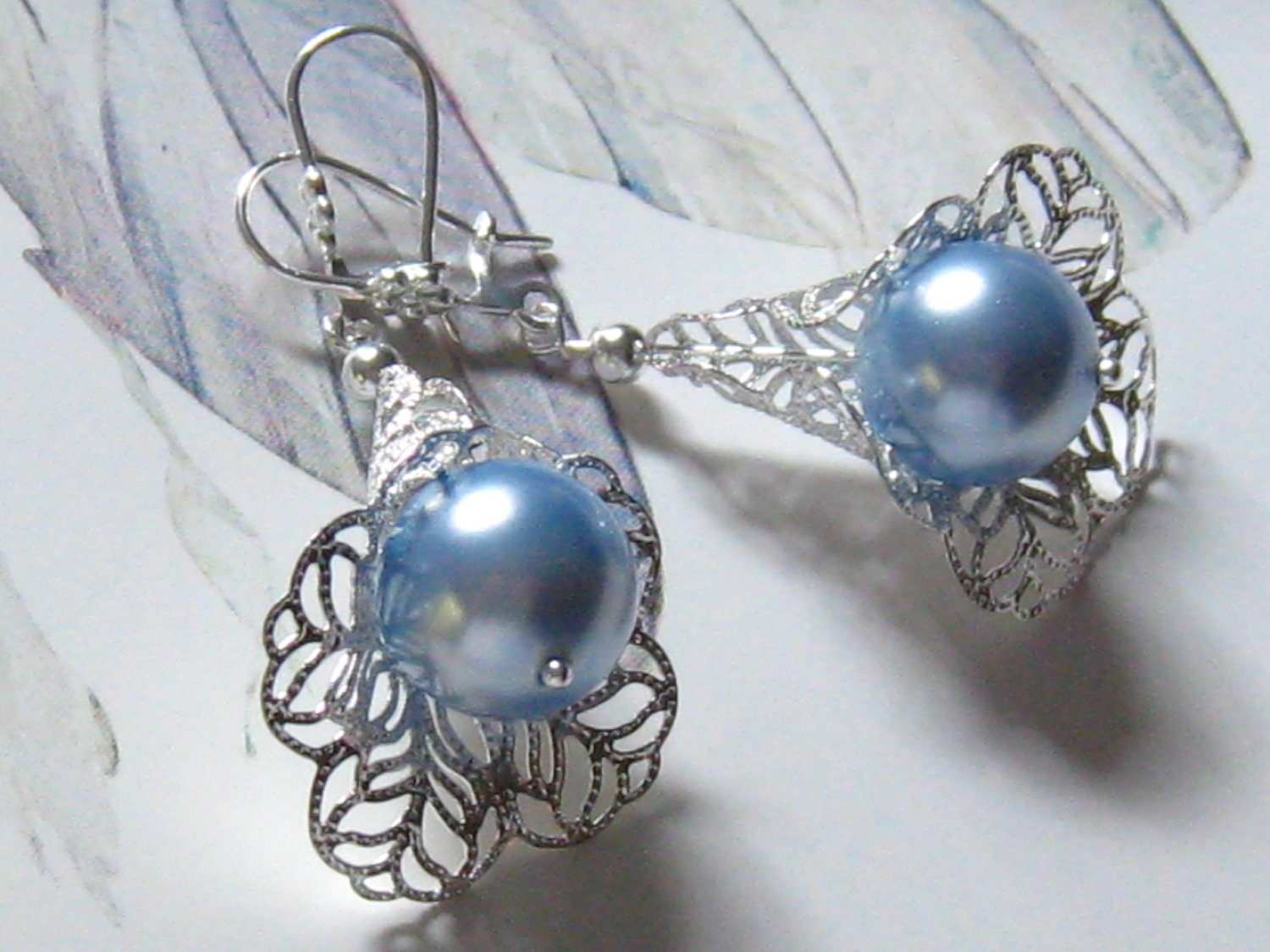 Blue Pearl Earrings Victorian Calla Lily and Light Blue
