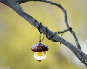 Acorn amber necklace, Autumn Fall jewelry- botanical resin jewelry nature lover gift, gift under 40, nature lover gift